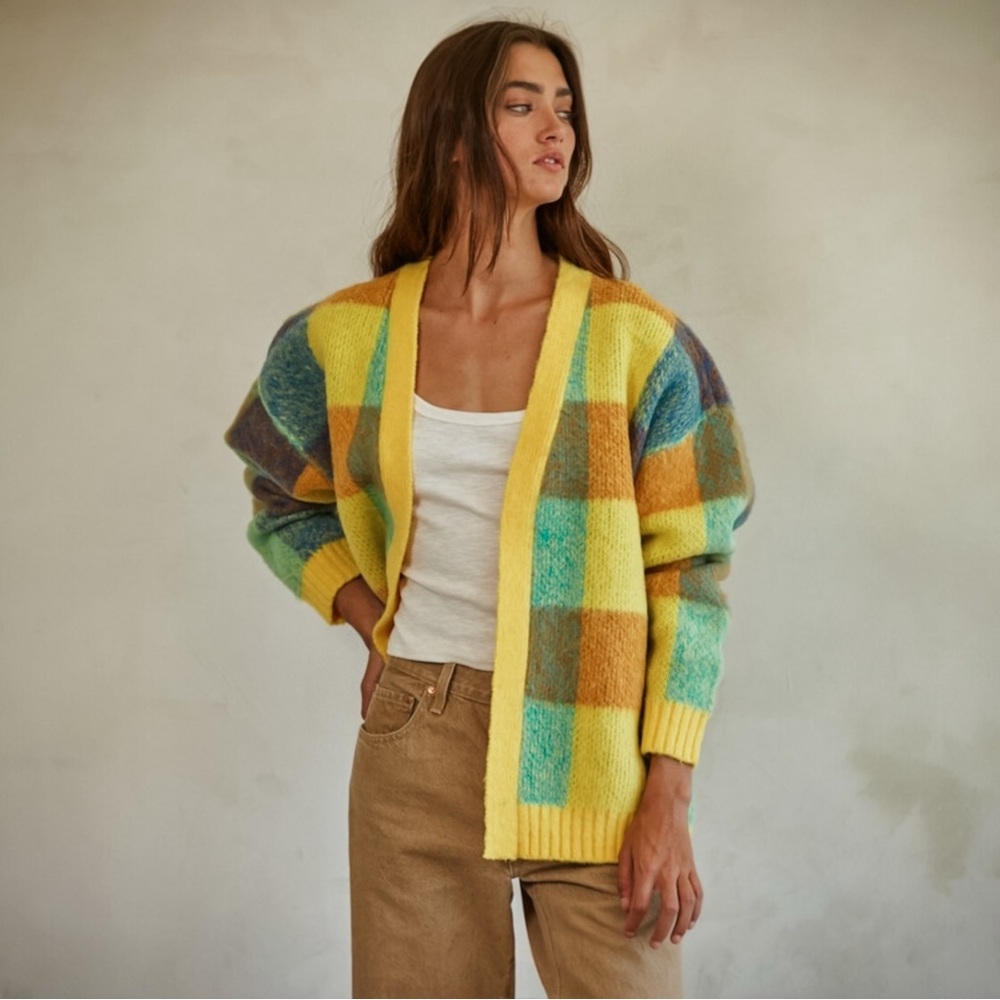 Perfectly Gingham Vibrant Plaid Open Front Cardigan Sweater